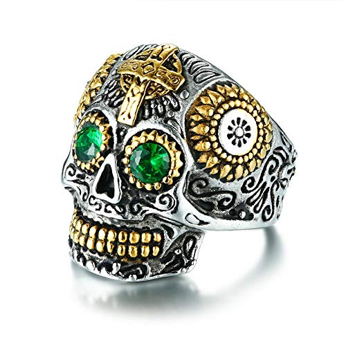 Green CZ Cross Punk Skull Turkish Domineering Night Club Ring for Men/Boys