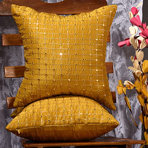 Image of Mustard Decorative Cushion Cover 20x20 inches Set of 2, Gold Sofa Pillow Covers, Silk Embroidered Cushion Covers with Mirror Work