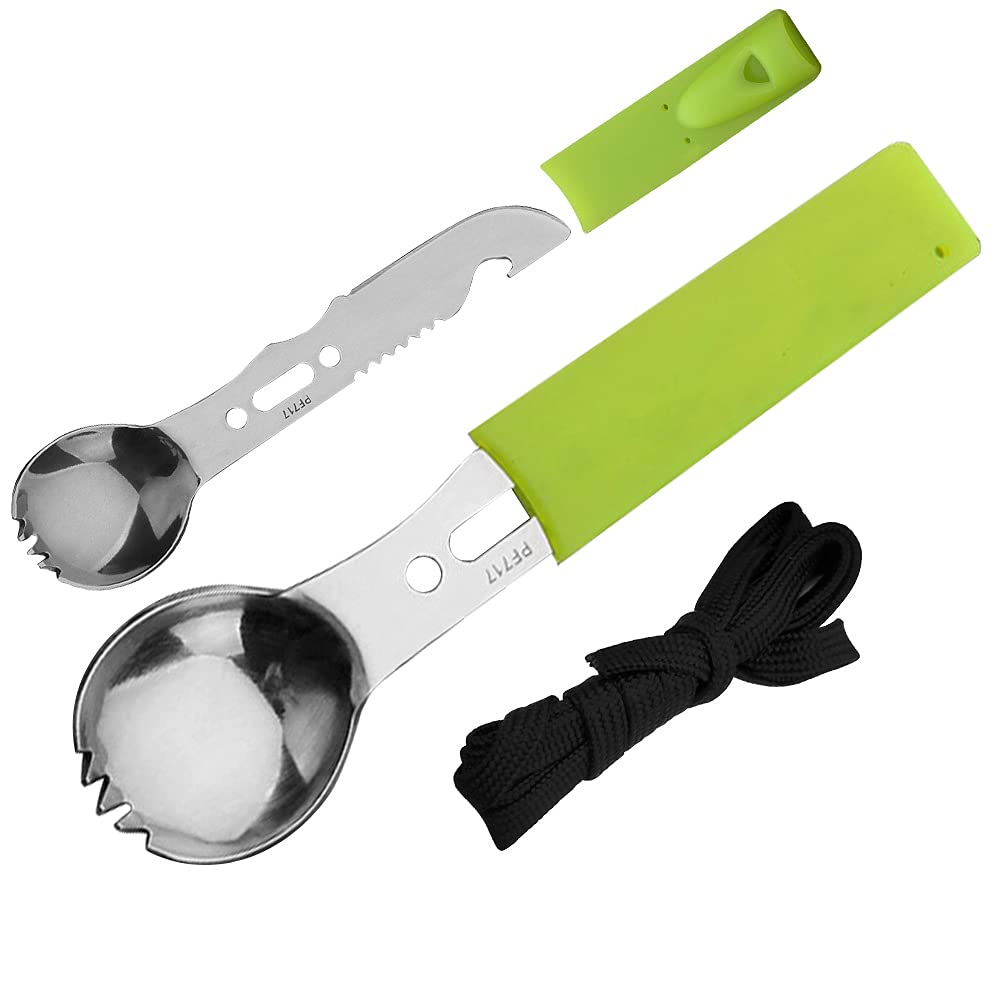 Oflive 7 in 1 Multi-Function Portable Camping Tool,Stainless Steel Fork Spoon Knife Combo Utensil ,Survival Multitool for Hiking Backpacking Hunting (Silver-Green)