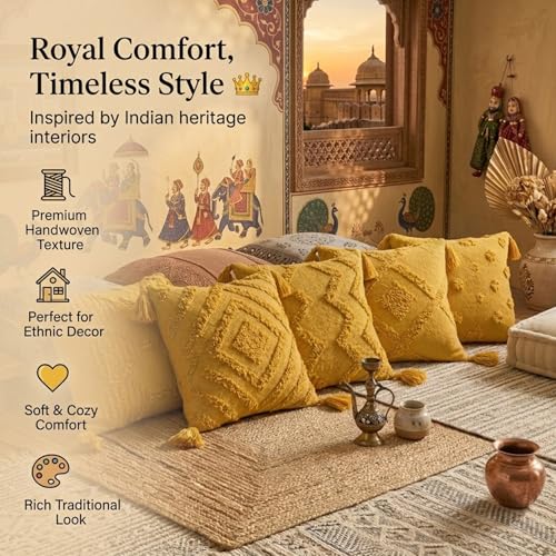 Image of SILK & YANA 16x16 Cotton Cushion Covers Set of 5 | Hand-Tufted Decorative Throw Pillow Covers with Boho, Geometric & Textured Designs | Tassel-Trimmed Covers for Sofa (Mustard Yellow)