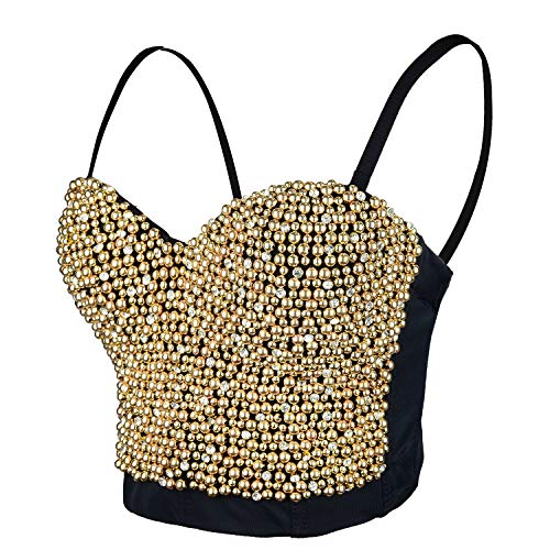 ELLACCI Sexy Pearls Beaded Rhinestone Bustier Crop Top Push up Corset Top with Detachable Straps Gold X-Small