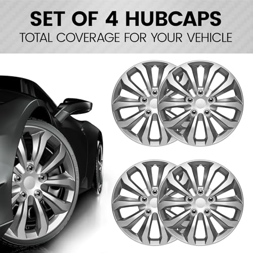 Image of BDK 16 Inch Hubcaps Set of 4 - OEM Replacement Snap-On Wheel Rim Covers - Universal Fit Car Wheel Cover for Cars, Trucks, SUV, Vans Durable ABS Silver & Gunmetal Hub-Cap Car Accessories Exterior