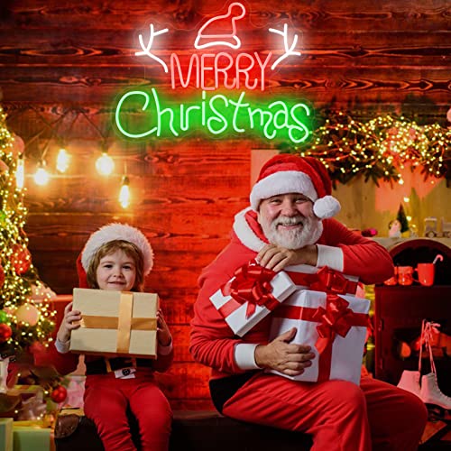 Image of Neon Sign Merry Christmas Tree Neon Lights for Wall Decor LED Neon Light Signs LED Sign for Christmas Party Home Balcony Hanging Art Living Room 23.62x17.32 IN (with Tree Branch and Hat)