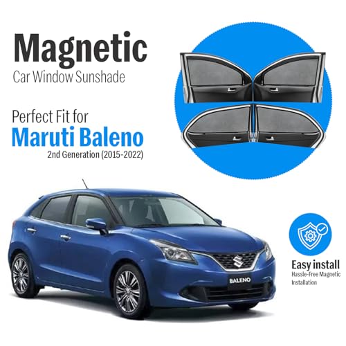 Image of Autofact Magnetic Car Sunshades Compatible with Maruti Baleno Old (2015 to 2022) (Set of 4) - Easy Installation, UV Protection, Keeps Car Cool (Front 2 with Zippers, Rear 2 Without Zippers)
