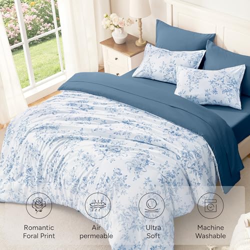 Image of Andency Floral Comforter Set Full Size, 7 Pieces Blue Flower Lightweight Bedding Set for All Seasons, Soft Vintage Bed in a Bag with Comforter, Sheets, Pillowcases & Shams