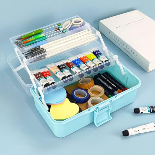 Image of Tackle Box Organizers and Storage,10inch Craft Organizers and Storage,Three-Layer Sewing Box With 2 Trays,Medicine Storage Box With Handle For Nail、Makeup、Diamond Painting、Building Blocks (BLUE)