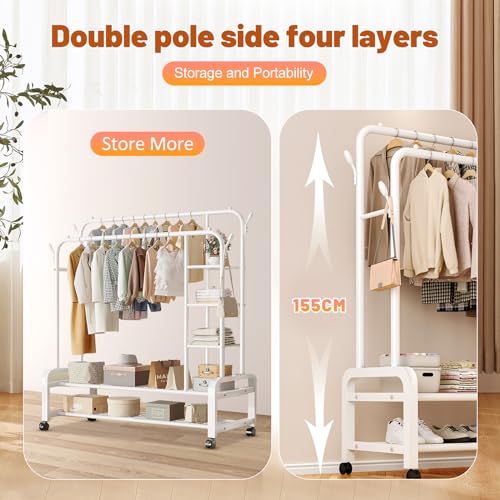 MONKLE - Kleiderständer,Kleiderstange,Kleiderständer auf Rollen,kleiderstange rollen,kleiderständer stabil,kleiderständer mit rollen mit zwei Kleiderstangen(Weiß)