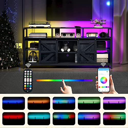 Tc-Homeny Tv Stand For 70 Inch Tv, Tv Cabinet With Power Strip And Led Strip Light Entertainment Center Console, Sliding Barn Door And Adjustable Shelves, Mid Century Modern Style Living Room Black #TOP1