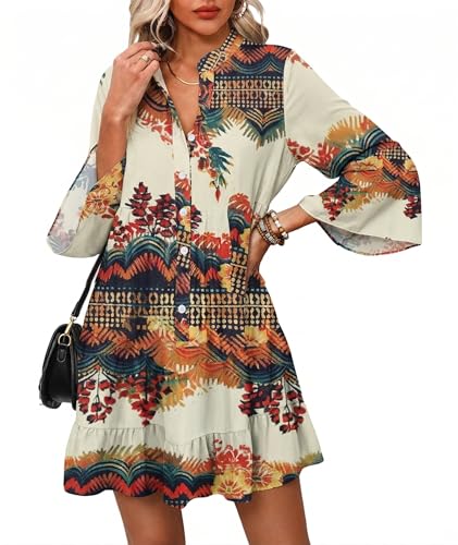 Image of Opemiby Summer Dresses for Women 2026 Flowy Ruffle 3 /4 Sleeve V Neck Tiered Casual Babydoll Boho Beach Mini Dress