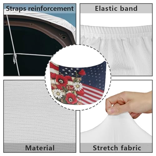 Image of American Flag and Red Poppy Hood Cover for Car SUV Sedan Truck, Waterproof Elastic Polyester Car Hood Protector, Patriotic Decorative Automotive Accessories for Summer