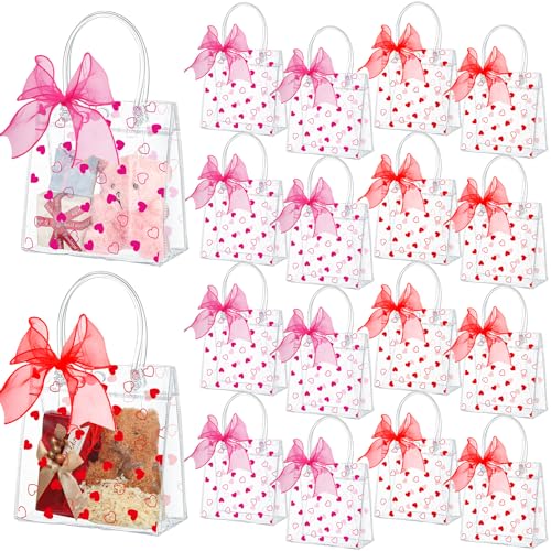 Image of Geyoga 50 Pack Clear Valentine's Day Heart Gift Bags with Handle Bow 6.3 x 5.9 x 2.8 Inch PVC Goodies Tote Reusable Gift Wrapping Candy Bags for Valentines Wedding Birthday Bridal Party(Red, Rose)