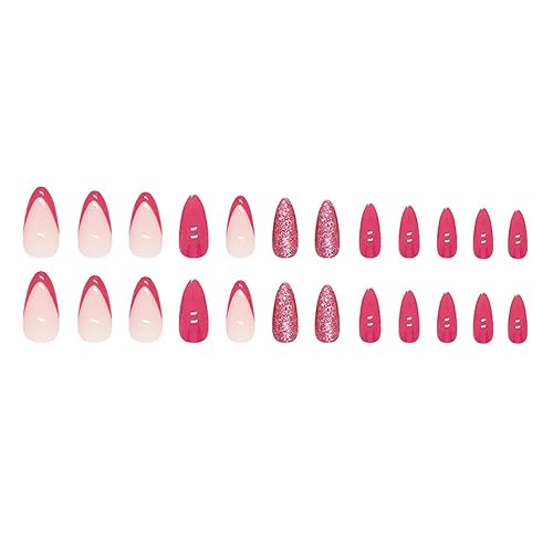 Miniatura 2 de Uñas postizas medianas con punta francesa de almendra SWEKKE color rosa, cobertura completa, uñas postizas con pegamento para uñas, uñas postizas