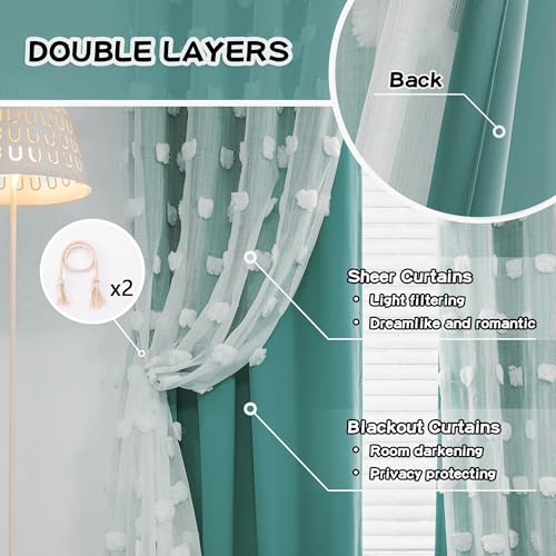 Image of MYSKY HOME 90 Inches Long Teal Curtains for Living Room Nursery Curtains for Bedroom Double Layer Curtains White Pom Pom Sheer Curtains for Dining Room Grommet Room Darkening Window Panels W52 X L90