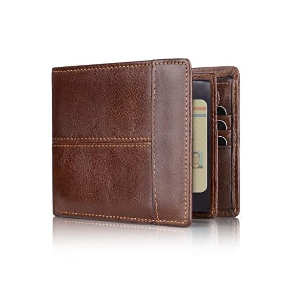Swallowmall Mens Wallet Genuine Leather Bifold Wallets for Men, ID Window 15 Card Holders Gift Box (Brown)