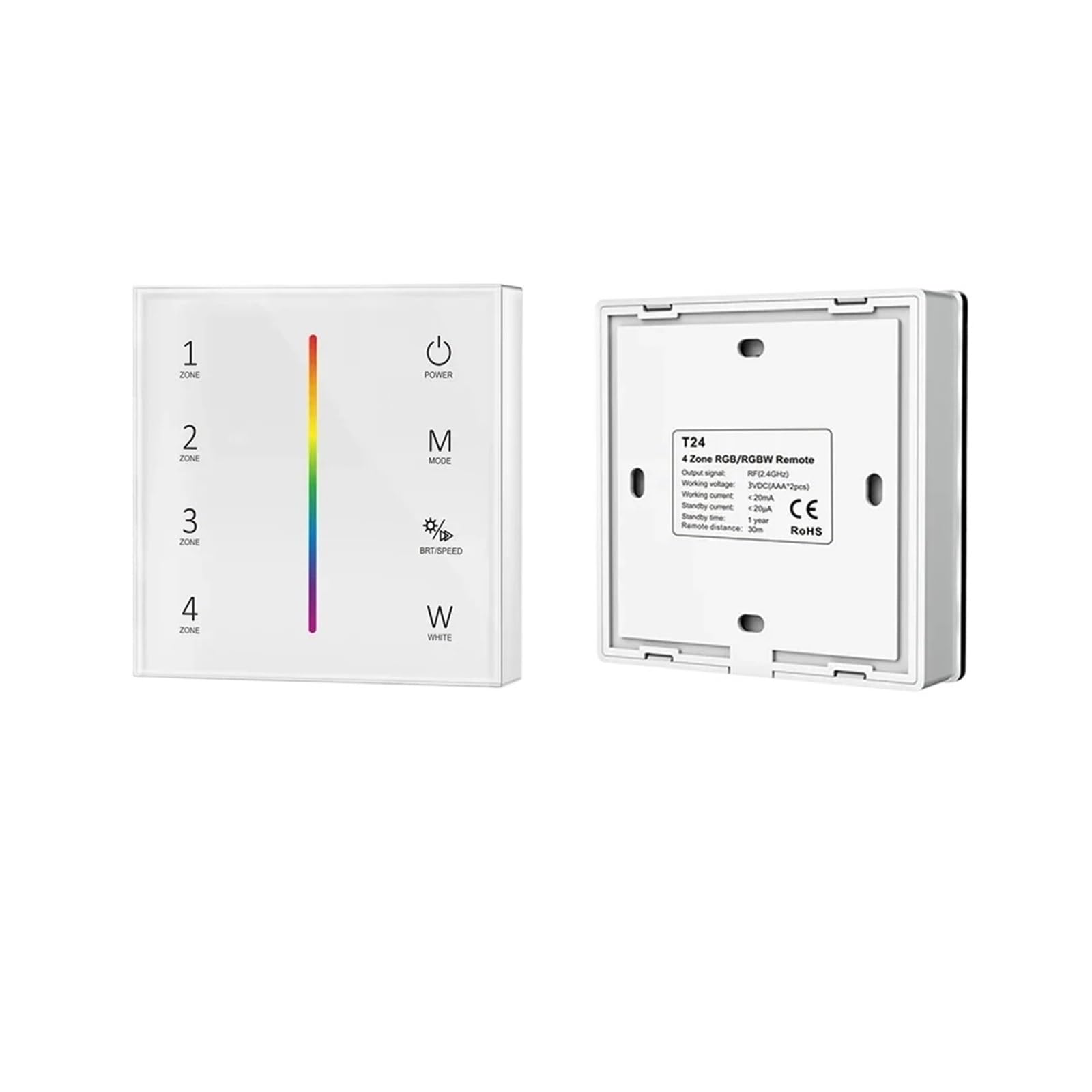 Smart T24 86 Ścienny 2.4GRF 4Zone RGB/RGBW Szklany Panel Dotykowy Pilot Ściemniania Kontroler dla Taśmy LED/COB (T24-W)