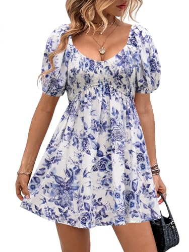 Image of Womens Babydoll Dress 2026 Summer Casual Puff Sleeve V Neck Cute Boho Smocked Flowy Short Sundress Beach Mini Dresses