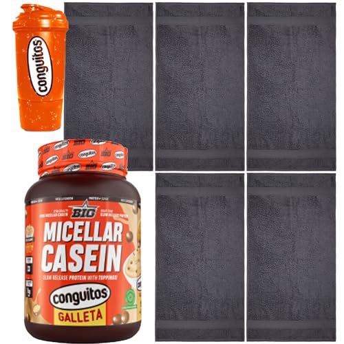 Conguitos Galleta - Caseína micelar 1 kg + 5 Toallas 100% algodón Gris oscuro 50x90 cm+Shaker 500ml