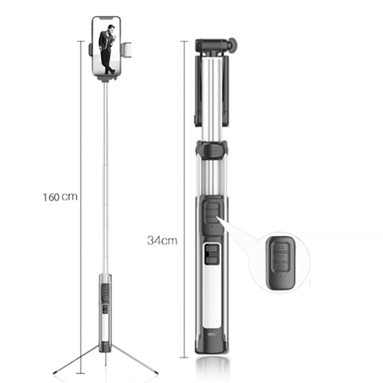 SCRUBY Bastone per selfie portatile Treppiede allungabile 160 cm Selfie Stick con telecomando wireless staccabile e treppiede per smartphone