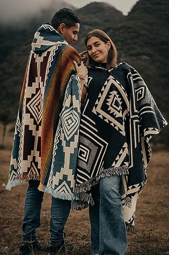 Image of Alpaca Mens Poncho with Hood - Cowboy Serape Western Poncho - Clint Eastwood Poncho for Men - Ecuadorian Cloak with Hood Men