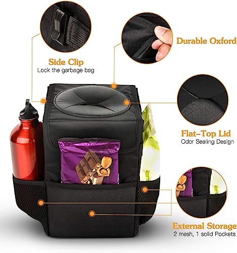 Image of House of Quirk Polyester Manual-Lift Car Trash Can With Foldable Lid And Storage Pockets, Leak-Proof Car Storge Bag,Car Garbage Can, Multipurpose Hanging Bag For Car (Small, Black)