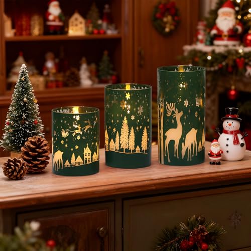 Image of Wondise Christmas Reindeer LED Flameless Candles with Remote Timer, Electroplate Glass Battery Operated Real Wax Flickering 3D Wick Pillar Candles for Christmas Holiday Home Decoration