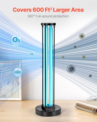Image of VEVOR UV Light, 110W Ultraviolet Lamp with Ozone Purifier, UVC Lamp with 30 /60 /120 Minutes 3-Gear Timer and Remote Control, for Room up to 600 sqft, UVO Lights for Living Room, Bedroom, Hotel, School