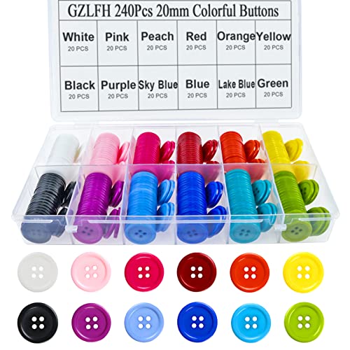 GZLFH 240 Stk Bunte Knöpfe, Rund Harz Knöpfe (Dia.20mm,12 Farben) 4 Loch Knöpfe Klein mit Box für DIY Handgemacht Stricken Kinderkleidung Nähen Basteln Dekorationen Cover
