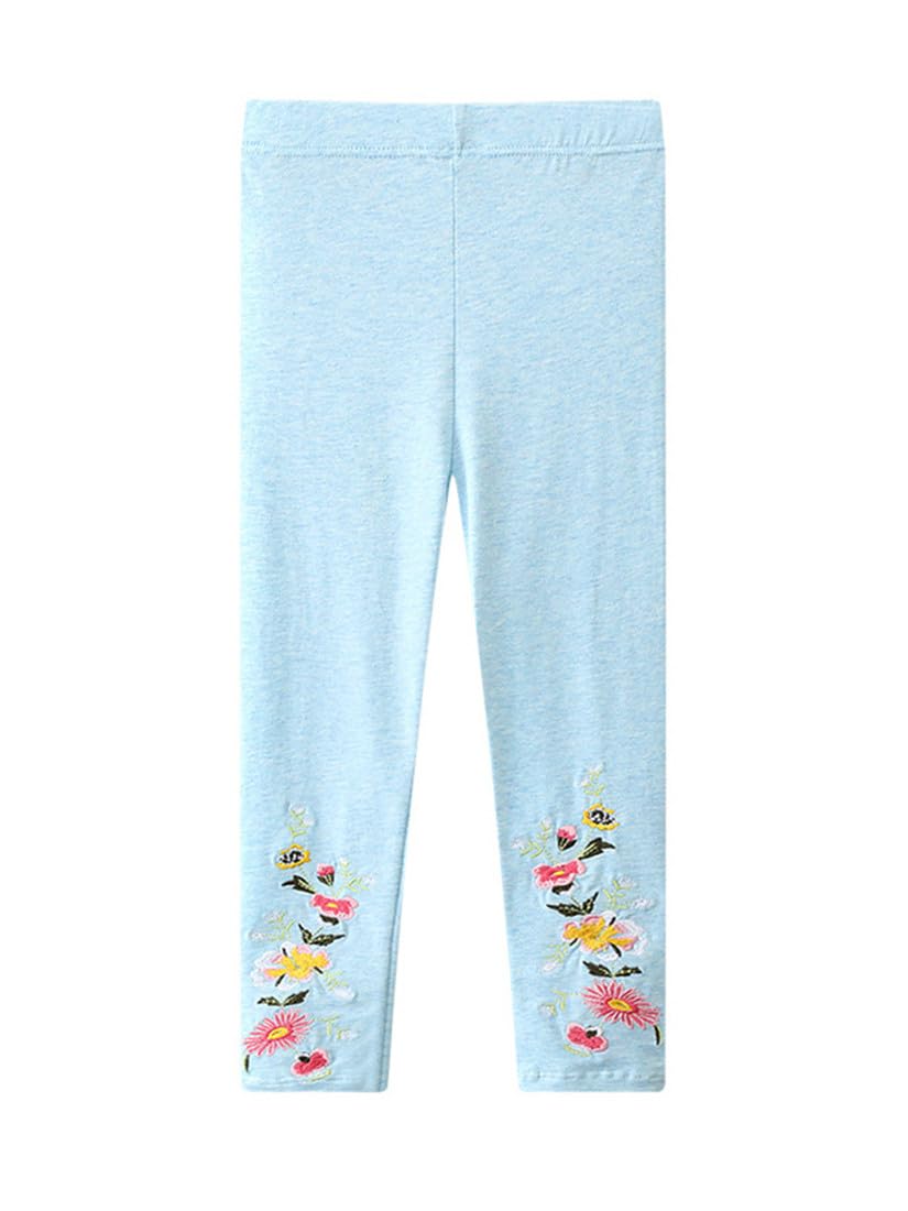 WEONEDREAM Blue Embroidered Flower Baby Girls' Leggings Bottoms Casual Cotton Fashion Stretch Infant Toddler Legging Comfortable Cute Playwear Pants Size 1 2T (1300, 2T)