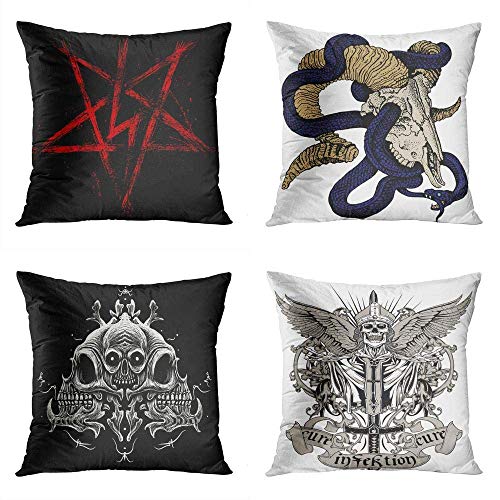 4枚の枕カバーのセット18 X 18インチ治療感染サタンシンボルブラックメタル五ta星バフォメット神話ウロボロスヘビヤギ頭蓋骨手飾り広場ホームソファリビングルーム 45X45CM