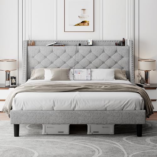 Feonase King Bed Frame with Luxury Wingback Upholstered Button Tufted Storage Headboard, King Platform Bed with Charging Station, Sturdy Wooden Slats Support, Noise-Free, Easy Assembly, Light Gray