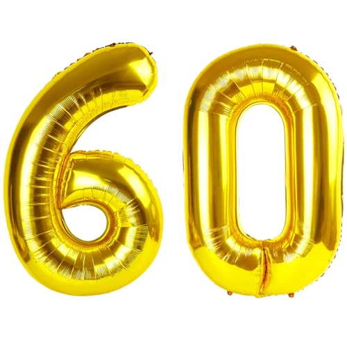 Image of 60 Balloon 40 inch Gold Number Balloons for 60th Birthday Party Decorations | Saturated Color, Large 40 inch, With Straw & Hanging Holes, For Back-To-School Season, Anniversary, Christmas, New Year