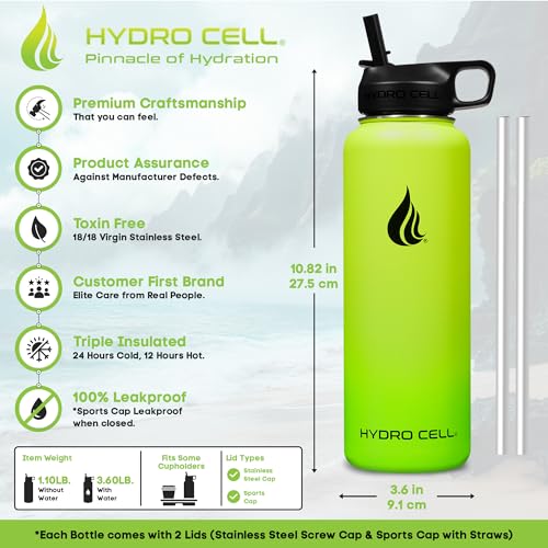 Image of HYDRO CELL Stainless Steel Insulated Water Bottle with Straw - For Cold & Hot Drinks - Metal Vacuum Flask with Screw Cap and Modern Leakproof Sport Thermos for Adults (Neon 40oz)