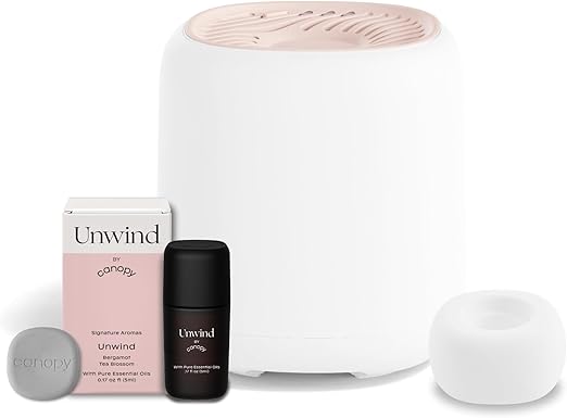 Canopy Bedside Diffuser – Waterless Technology – Diffuses Up to 400 Sq Ft – 3 Fan Speeds – Includes Diffuser, Diffusion Well, Unwind Aroma, Power Cord & Adapter (Pink)