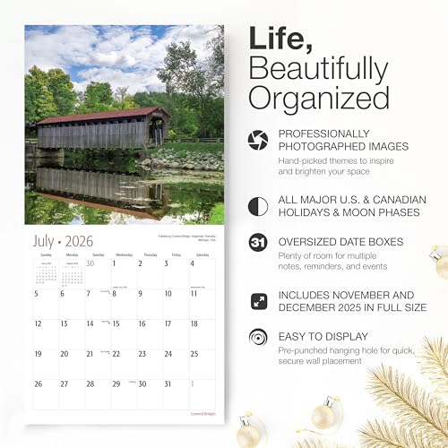 Image of RED EMBER Covered Bridges 2026 Wall Calendar 12 Month | 12 inch x 24 inch Open | Thick & Sturdy Paper | Giftable | Travel Calendar 2026