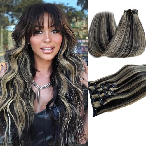 Image of Belaved Clip in Hair Extensions, Balayage Black Mix Blonde Clip ins Real Human Hair Extensions Invisable Seamless Straight Remy 16 Inch 70g 5pcs