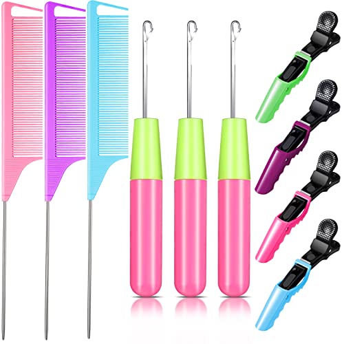10 Pieces Latch Hook Crochet Needle Comb Hair Clip Set Include 3 Pieces Stainless Steel Crochet Needle 4 Pieces Alligator Hair Clip 3 Pieces Rat Tail Comb for Hair Extension