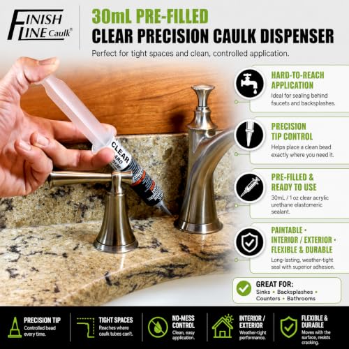 Image of Finish Line Caulk 30mL Pre-Filled Precision Caulk Applicator Clear 10-Pack | Clean, Controlled Application with Less Mess and Rework