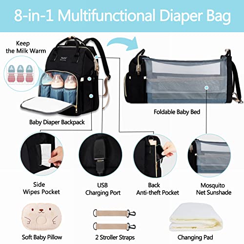 Paurfu Updated 8-In-1 Diaper Bag Backpack, Multifunctional Diaper Baby Bag For Mom Dad With Bassinet Bed,Changing Station,Soft Baby Pillow,Mosquito Net Sunshade And Usb Charge Port Etc. #TOP1