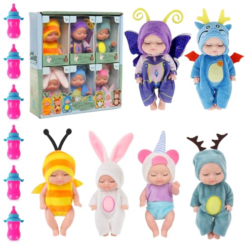 JOAASU Babypuppe Set, 6 Stück Mini Babypuppen mit 6 Flaschen, Mini Puppe, Realistische Babypuppe, Newborn Reborn Baby, Waschbares PVC-Material, Puppenspielzeug für Mädchen, Kinder