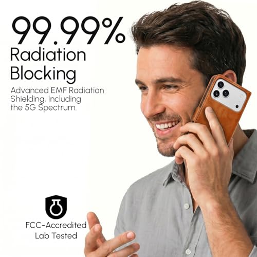 Étui iPhone 16 en cuir véritable EMF anti-rayures avec support horizontal