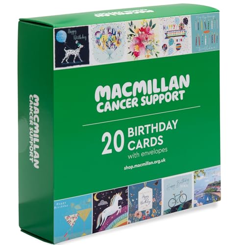 Macmillan Cancer Support Charity Birthday Cards Pack of 20 Luxury and Eco-Friendly Birthday Cards. Boxed Multipack of 10 Happy Birthday Designs. 127x127mm Card Size. (For Everyone)
