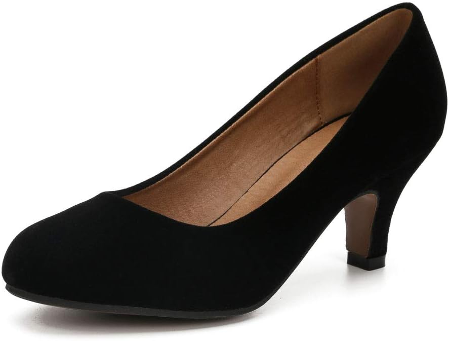 Women's Classic Round Toe Pumps, Mid Kitten Heel, Office Dress Shoes