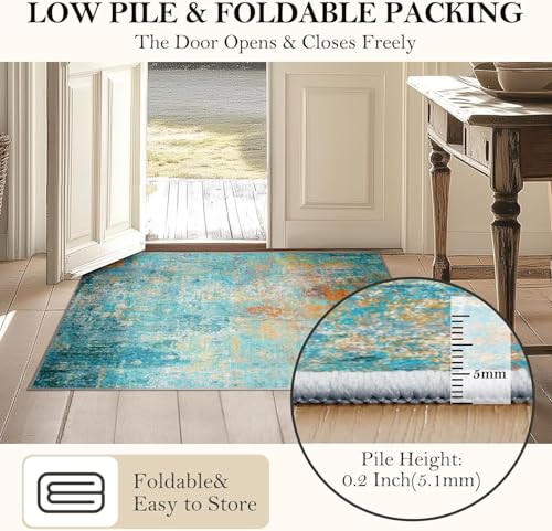 Washable Area Rugs 2'x6' Non-Slip Modern Abstract Soft for Living Room Entryway Bedroom Nursery, Print Pattern, Teal Blue Green Orange Rust Red Colorful