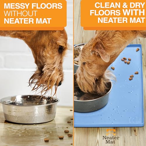 Image of Neater Pet Brands Neater Mat Pet Mats for Food and Water, Cat & Dog Bowl Mat Waterproof Silicone, Feeding Tray, Dog Food Mats for Floors, Placemat w /Raised Edge for Under Bowls, 16 inch x 10 inch, Light Blue