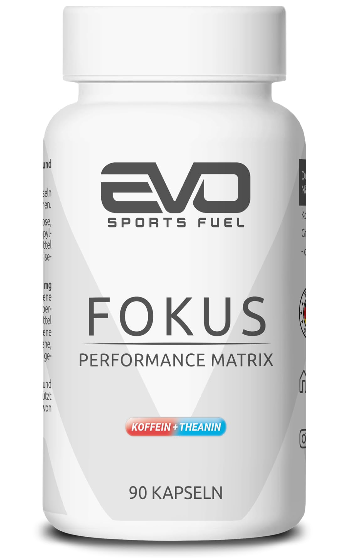 EVO SPORTS FUEL Fokus Koffein & L-Theanin 100 mg + 100 mg | 90 Kapseln | 100% Vegan | Geprüfte Qualität | Made in German