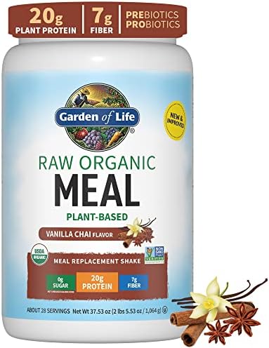 Garden of Life Tasty Organic Vanilla Chai Meal Replacement Shake Vegan 20g Complete Plant Based Protein, Greens, Digestive Enzymes, Pro & Prebiotics for Easy Digestion – Non-GMO Gluten-Free, 2.4 LB