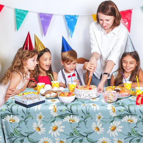 Image of Spring Daisy Flower Tablecloth,3pcs Blue Flower Table Covers Plastic Rectangle Tablecloth for Retro Theme Daisy Birthday Party Decor