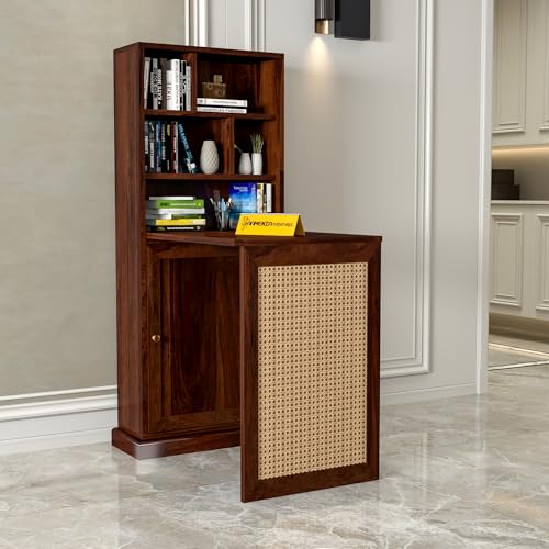 Image of Solid Sheesham Wood Foldable Study Table with Bookshelf & Storage Cabinet | Rosewood Study Desk for Home & Office (B-Walnut Finish)