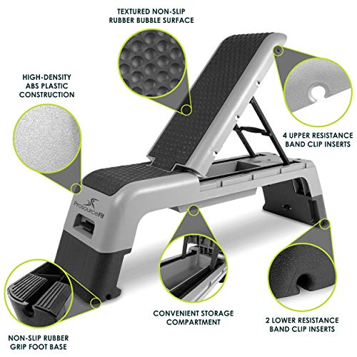 ProsourceFit Fitness Aerobic Deck Stepper with Resistance Band, Multifunctional Workout Bench for Weight Training, Plyometrics for Home Gym (Grey)