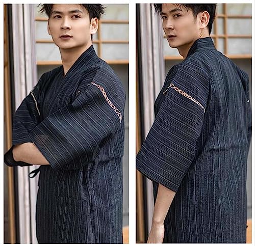Men's Kimono Japanese Jinbei Shirt and Pant Cotton Linen Loungewear Lounge Set Spa Bathrobe, Style 5 Multicolor4